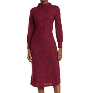 Lush Ribbed Knit Midi Swearer Dress Burgundy Mock Neck Long Sleeve Size Small